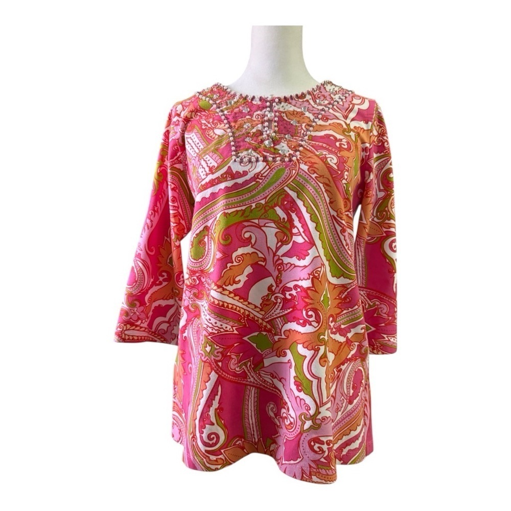 Izaro Tropical Beaded Tunic Pink, Orange, Green, Summerwear Small